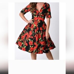 Unique Vintage Womens M Dolores Black Floral Swing Dress NWT